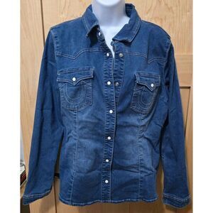 Womens True religion Denim Snap Button Lg Sleeve Shirt Jacket Western Stitching
